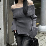 Vevesc Korean Fashion Off Shoulder Knitted Jumpers For Women Zipper Split Slim Long Sleeve Gray Solid Simple Street Sweaters