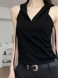 Vevesc Sexy Backless Lace Up Halter Hoodie Vest for Women Summer New Black Tank Top Y2k E-Girl Slim Fit Sleeveless Tops Mujer