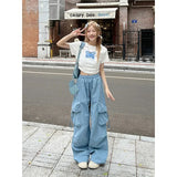 Vevesc Cargo Pants Women Y2K Oversized Sweatpants Streetwear Pockets Wide Leg Joggers Harajuku Korean Blue Baggy Casual Trousers