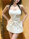 Vevesc White Sexy Kawaii Two Piece Set Women Designer Elegant Party Mini Skirt Set Female Asymmetric Tops + Pleated Skirt Suit