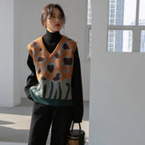 Vevesc Vintage Knitted Vest Women Print Sleeveless Sweater Harajuku Korean V Neck Knitwear Slim Casual Chic Waistcoat Jumpers