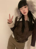 Vevesc Japanese Y2k Fur Coat Women American Retro Brown Knitted Jacket Vintage Korean Style Zipper  Winter 2000s Aesthetics