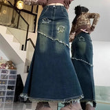 Vevesc Fashion Vintage Blue Denim Skirt For Women Y2k Grunge High Waist A-line Jeans Skirts 2024 Summer New Mid-length Faldas Mujer