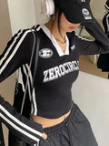 Vevesc Fashion Letter T-shirts Women Vintage V Neck Slim Tees Female Long Sleeve Crop Top Streetwear Ladies Contrast Y2k Crop Summer