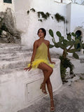 Vevesc  Feather Mini Dresses Sparkly Short Dress Women Sleeveless Naked Waist Dress Summer Party Evening Female Vestidos