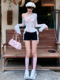 Vevesc Harajuku Lace Hollow Out Flower T-shirt Fairy Grunge Skew Collar Sexy Crop Tops Women Contrast Color Bow Y2k Aesthetic Tshirts