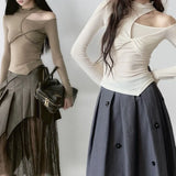 Vevesc Chic Design Asymmetical O Neck Hollow Out Tops Front Cross Draped Office Lady French Shirts Y2k Harajuku American Punk Clothes