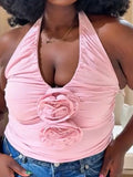 Vevesc  Elegant 3D Roses Women's Vest Casual Solid Ruffled Halter Female Crop Tops Summer 2025 New Lady Slim Outerwears Beachwear 2025