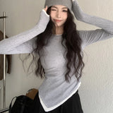 Vevesc O-neck Sexy Slim Asymmetric Long-sleeved T-shirt Women Autumn New Streetwear Contrast Color Patchwork Casual Tops