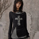 Vevesc Y2k Aesthetic American Spliced Lrregular Shirts Harajuku Striped Japanese Clothes Spring Autumn Side Zip Up Split Design Tops