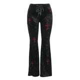 Vevesc Velvet High Waist Flare Pants Harajuku Fashion Cross Embroidery Soft Long Pant Women Autumn Mall Gothic Slim Trousers