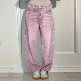 Vevesc  Chic Rhinestone Women's Jeans Y2k Street Oversize Loose Shining Female Wide Leg Pants 2025 Spring Summer Lady Denim Trousers