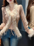 Vevesc Korean Y2k Aesthetic Elegant Fluffy Sweaters All Match Sweet Bandage Slim Sexy Coats Streetwear Fashion New Chic Cardigans Women