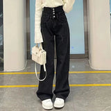 Vevesc High Waist Women Wide Leg Jeans Autumn Winter Black Gray Breasted Loose All Match Straight Trousers Y2K Streetwear Denim Pants