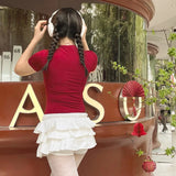 Vevesc Red T Shirt Coquette Y2K Cloths For Women Summer Cutecore Bow Short Sleeve Skinny High Collar Tops Korean Fashion