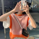 Vevesc Sweet Cropped Sweater Vests Women Patchwork Sleeveless Knitted Waistcoat Streetwear Harajuku Korean Slim Knitwear Jumpers