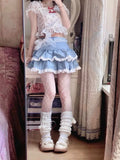 Vevesc Japanese Sweet Y2k Skirts Ruffles Lace Patchwork Bandage Design Denim Mini Skirt Summer Korean All Match Kawaii Girl Clothing