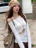 Vevesc Harajuku Sexy Lace Patchwork See Through T-Shirts Women Slim Fit Y2k Aesthetic Tees Skew Collar Vintage Grunge Bottoming Tshirts