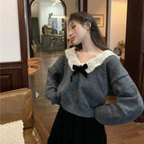 Vevesc Korean Style Sweaters Women Kawaii Sweet Elegant Knited Pullovers Grey Bow Vintage Patchwork Autumn Winter Sweaters