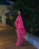 Vevesc Modest Fuchsia Stretchy 2 Pieces Women Sets To Formal Event Party Feather Edge Women Maxi Gowns Fashion Prom Dress