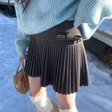 Vevesc Preppy Style Pleated Skirt Women Sweet Bow Kawaii Woolen Skirt Korean Style Autumn Winter Solid Aesthetics Mini Skirts