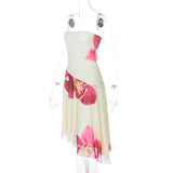 Vevesc  Fashion Printed Bandeau Long Dress Women Holiday Casual Bandage Contrast High Waist Party Dress Female Y2k Bodycon Dress