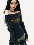 Vevesc Grunge Sweater Women Y2k Off Shoulder Knitted Pullover Punk Vintage Slim Fit Sexy Pulls Aesthetic 2000s Long Sleeve Jumper