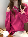 Vevesc Y2K Korean Style Pink Hoodies Women Sexy Off Shoulder Sweatshirts Green Loose Hollow Out All-match Crewneck Tops E-girl