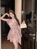 Vevesc  Cocktail Mini Dresses Women Floral Printed Chiffon Sexy Elegant Slim Bandage Evening Dress Birthday Party Sweet Banquet