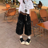 Vevesc  Vintage Black Women Cargo Jeans Pocket Wide Leg American Style Straight Denim Pants Washed Overzised Streetwear Summer