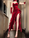 Vevesc Sexy plus Size Velvet Spaghetti Straps Dress Women's Ruffled Irregular Sheath
