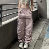 Vevesc  Big Pockets Cargo Wide Leg Pants Casual Low-Waisted Cargo Pants Women 2024 Autumn Spring Fashion Streetwear Lady