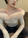 Vevesc Sexy Popular Off Shoulder Plush Tops Women Autumn Slim Fit Sweaters Mujer Y2k E-Girl Long Sleeve Bottoming Pullovers