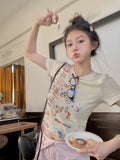 Vevesc Fashion Printed Graffiti Short Sleeved T-shirts 2024 Summer New Slim Fit Tops Women Y2k E-Girl O-neck Cotton Tee Shirt