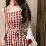 Vevesc French Chic Retro Design Waist Mid-length Red Plaid Straps Dress Women + Sweet Doll Collar Shirt Y2K Korean Fashion