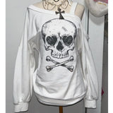 Vevesc American Harajuku Off The Shoulder Sling Loose T Shirts Y2k Aesthetic Skull Print Long Sleeve Spring Sweatshirts Punk Clothes