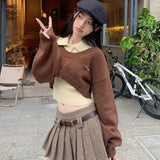 Vevesc American Two Piece Y2K Tops Preppy Style Women Short Sueter Mujer O Neck High Waist Pullovers Sweaters Sets Knitted Camis