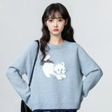 Vevesc Blue O Neck Sweaters Bow Pullovers Cartoon Cat Sueter Mujer Oversize Y2k Long Sleeve Preppy Style Japanese Women Sweet Kawaii