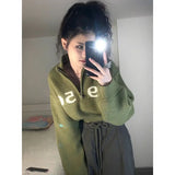 Vevesc Hippie Y2k Green Crop Sweater Women Harajuku Kpop Gyaru Oversize Zip Letter Knit Top Grunge Vintage Jerseys Jumper