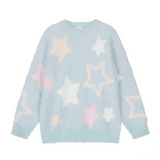 Vevesc Korean Mink Cashmere Pullovers O Neck Long Sleeve Y2K Sweater Women Sueter Mujer Knitted Star Print Preppy Style Sweet