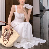 Vevesc Korean Lace Splicing Pleated Elegant Sling Dress Women 2024 Summer New Off-shoulder Sexy Single-breasted Mid-length Dress