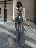 Vevesc Fashion Streetwear Side Pockets Cargo Denim Pants Swxy Low Waist Punk Harajuku Women Trousers Y2k Aesthetic Flare Long Bottoms