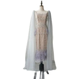 Vevesc  Luxury Crystal Feathers Dubai Evening Dresses for Women Wedding Elegant Blue Lace Midi Arabic Prom Gown