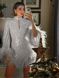 Vevesc Stylished Shiny Sequined Lace Short Formal Dresses With Feather Decoration Puffy Sleeves A-line Mini Women Dress To Party