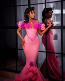 Vevesc Aso Ebi Stylished Colorful Floral Mermaid Evening Dresses Pink &Purple Bloom Beaded Long African Evening Gowns