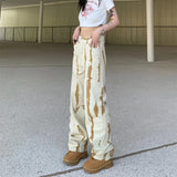 Vevesc Baggy Y2k  Jeans Women High Waist Straight Wide Leg Yellow Pants Streetwear Korean Fashion Harajuku Graffiti Tie Dye Trousers