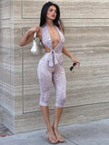 Vevesc  Sexy 2piece Set Leopard Print Women Backless Sleeveless Deep v-Neck Halter Bodysuits+Stretch Shorts Street Matching Suit