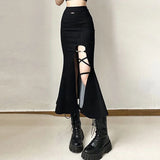 Vevesc Y2K Split Midi Skirt Women Streetwear Bandage Black Mermaid Skirts Korean Gothic Sexy Slit High Waist Slim Trumpet Skirts