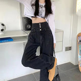 Vevesc High Waist Women Wide Leg Jeans Autumn Winter Black Gray Breasted Loose All Match Straight Trousers Y2K Streetwear Denim Pants