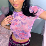 Vevesc Butterfly Printed Pink Mesh Sheer Cute T Shirt for Girls Graphic Tees Trendy Clothes 2024 Summer Crop Tops